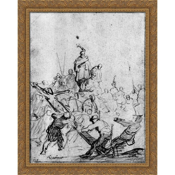 The raising of the cross 28x34 Large Gold Ornate Wood Framed Canvas Art by Rembrandt