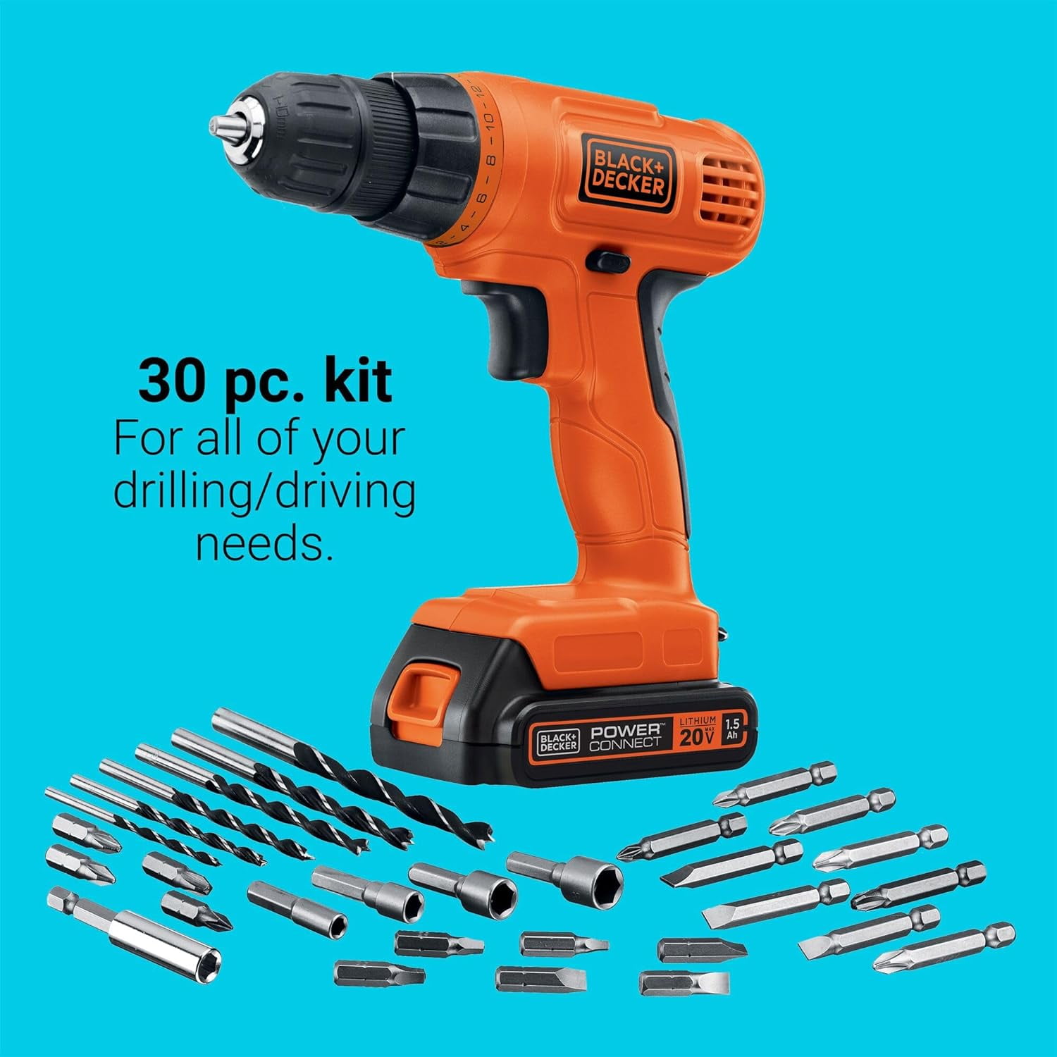 20V MAX POWERCONNECT Power Drill Cordless Drill Driver Electric Screwdriver with 30 Piece Bit Set, Battery and Charger Included (LD120VA)