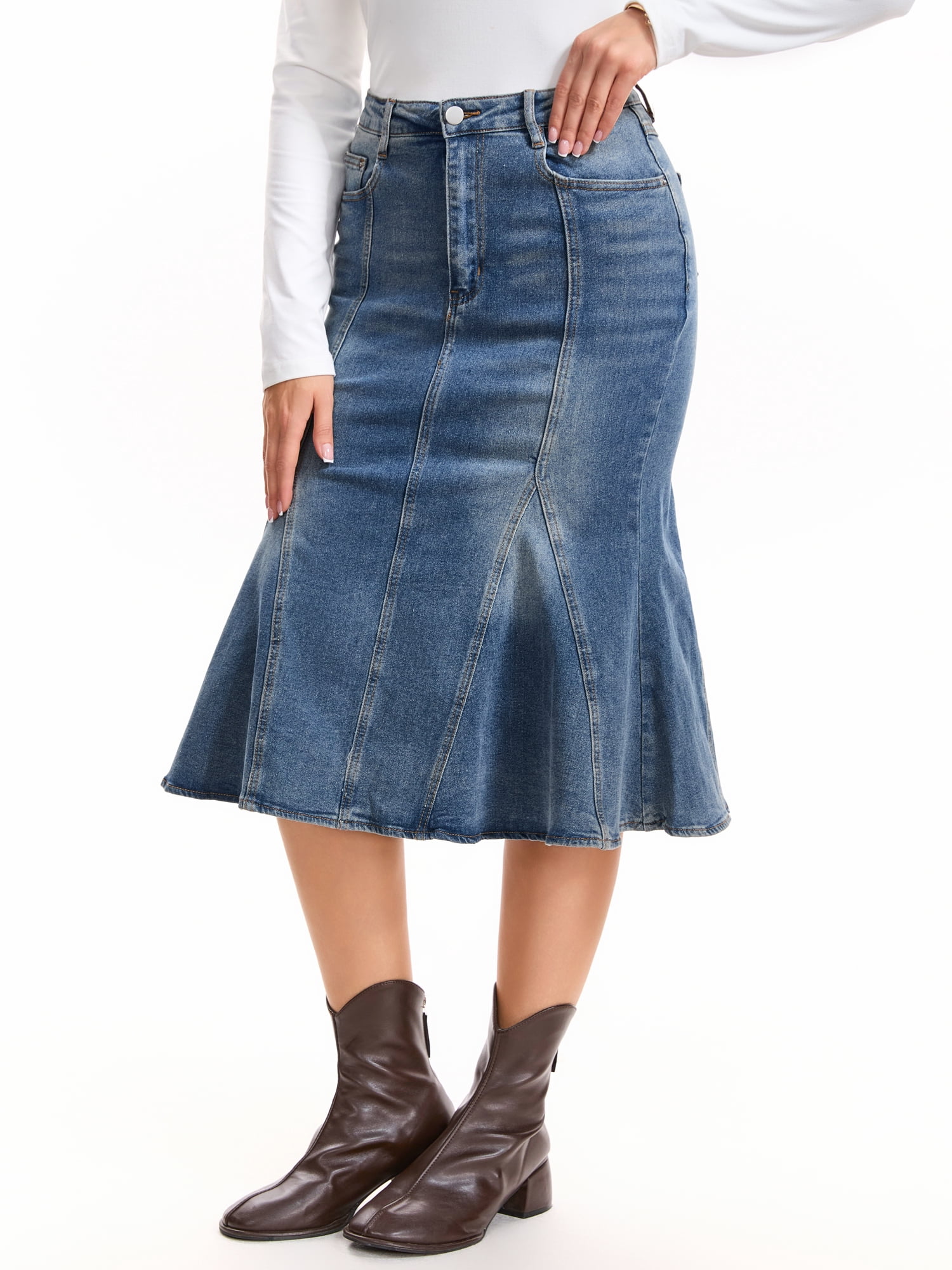 DARING DIVA Women's Denim Washed High Waisted Fishtail Midi Jean Skirt L Gray Blue