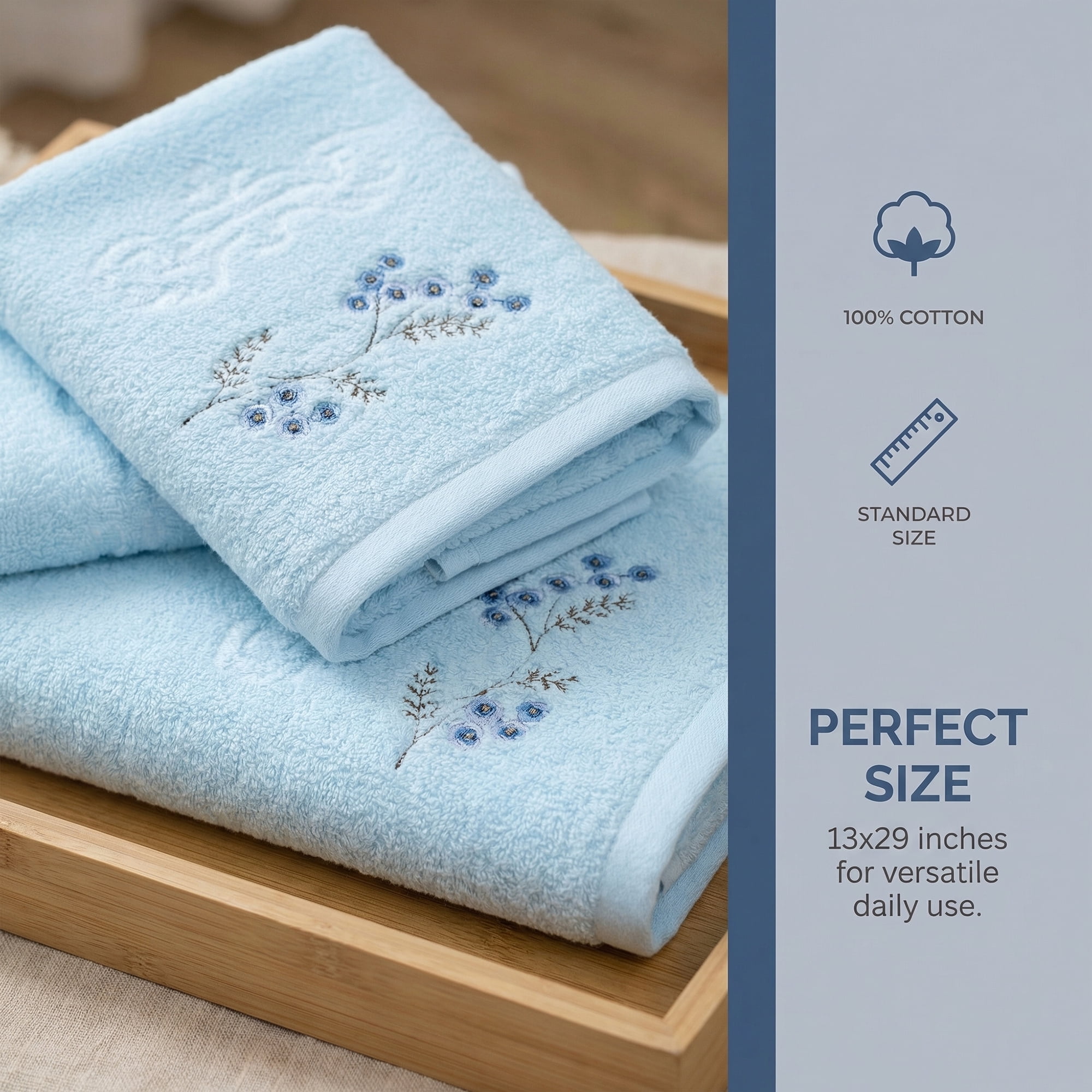 Unique Bargains Soft Absorbent Floral Cotton Hand Towels Blue 29" x 13"