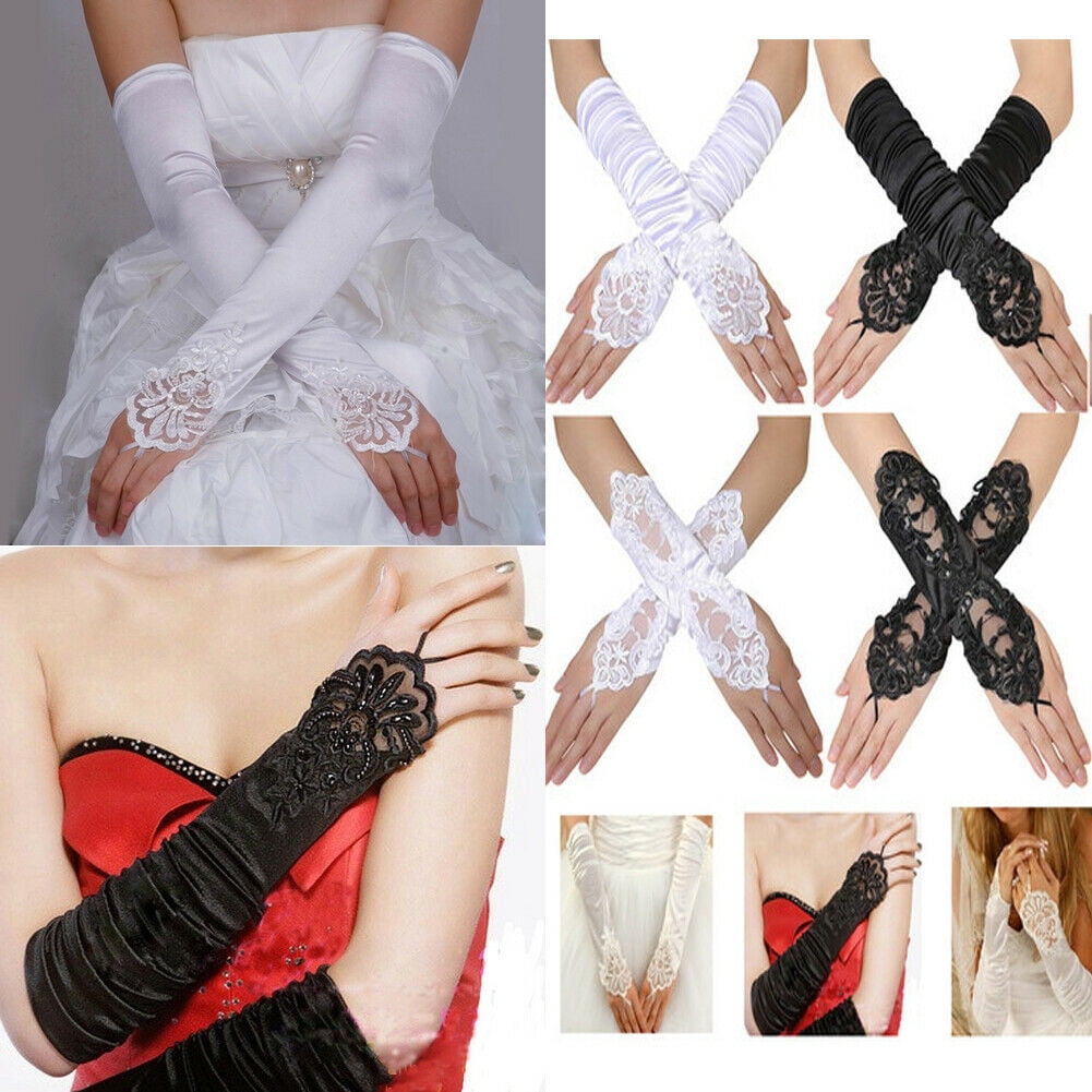 Ladies Evening Prom Wedding Bridal Party Fingerless Pearl Lace Satin Long Gloves 