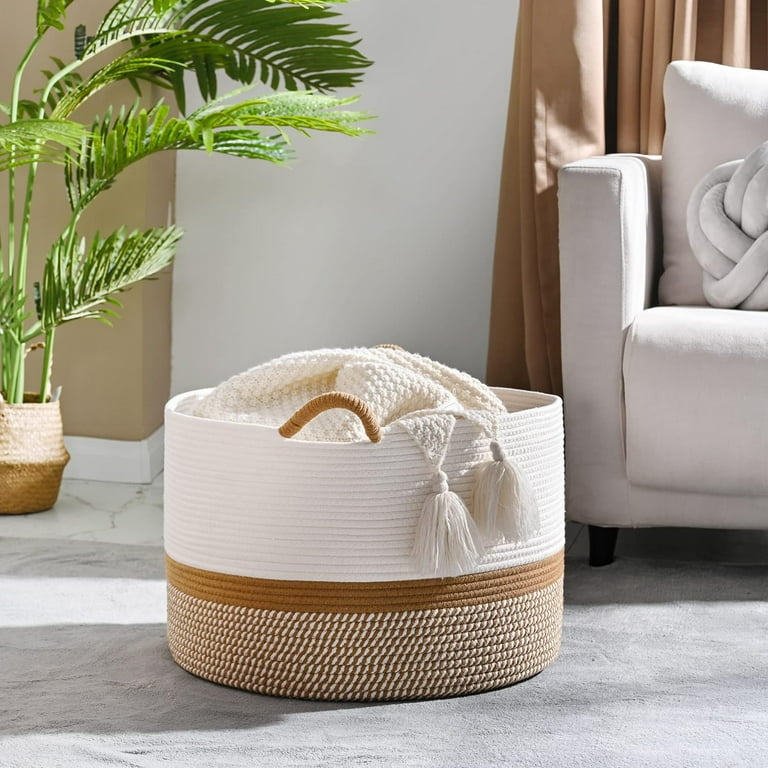 Large Blanket Basket 20 X13 Woven Baskets For Storage Baby Laundry Hamper Cotton Rope Blanket Basket For Living Room Laundry Nursery Pillows Baby Toy Chest White Brown Walmart