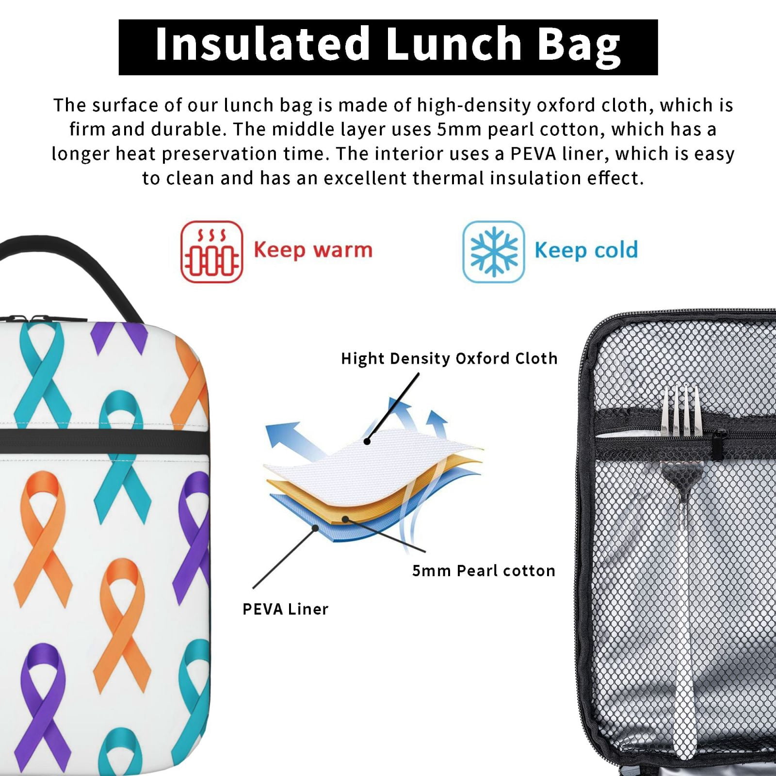 Lunch Bag For Women Men Insulated Portable Lunch Box Bento Box Office Picnic Travel Cooler Bag Cancer Awareness Ribbon Pattern - Modern Grid