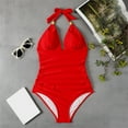 thumbnail image 5 of Swimsuit Women One Piece V Necks Tummy Control Ruched Swimwear Halter Bathing Suit, 5 of 7
