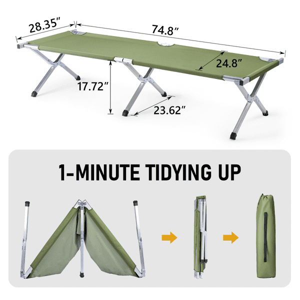 Alvantor Single Folding Camping Cot for Adults, 74 x 28 x 18 in, Aluminum Frame, Oxford Fabric, Carry Bag, Green