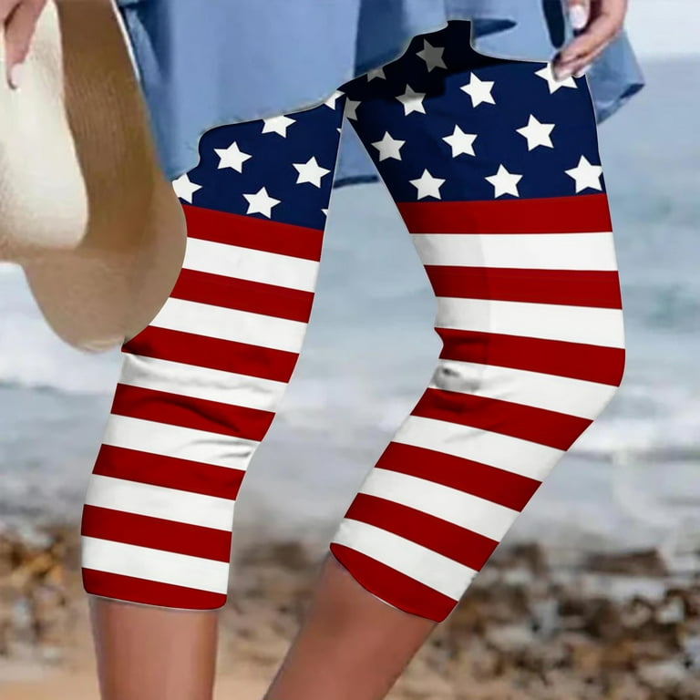 Meichang Womens July 4th Capri Pant American Stars and Stripes Print Slim  3/4 Trousers Elastic High Waist Patriotic Below Knee Short