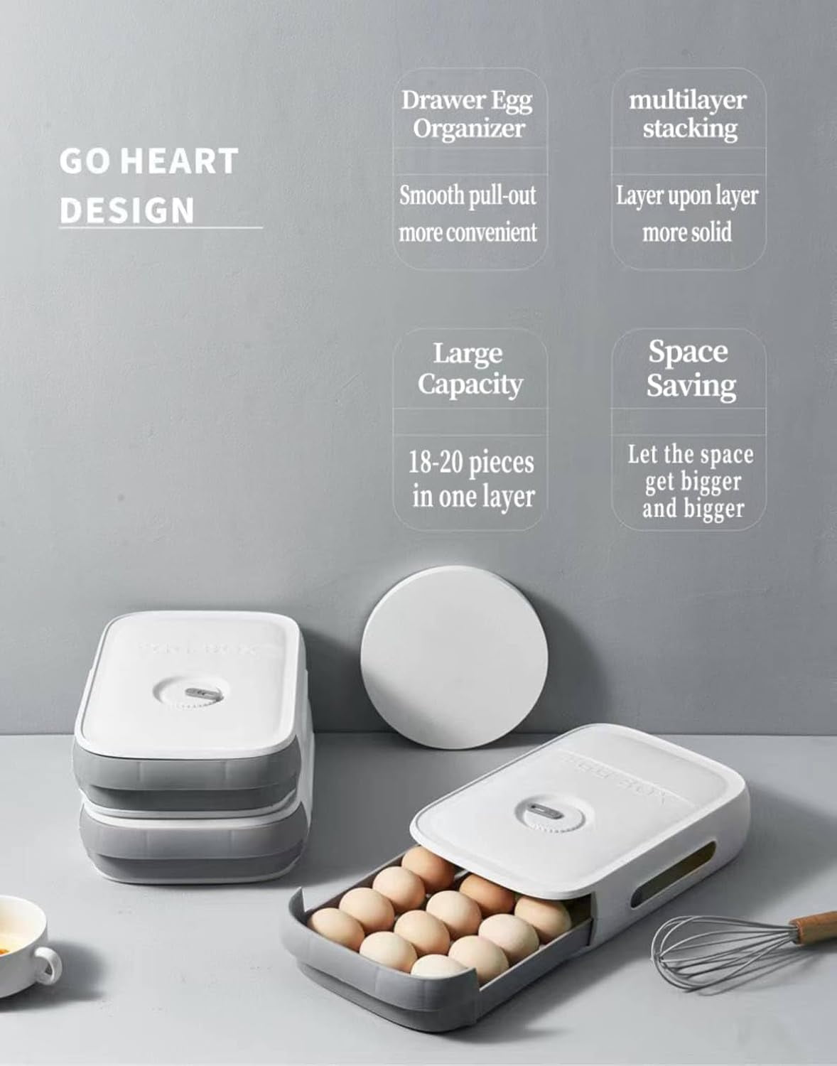 Egg holder for Refrigerator, Egg container for Fridge with Lid, Stackable Refrigerator Organizer Bins, Plastic Egg Storage Organizers for 18 Eggs, Fresh Egg Tray Egg Storage Box for Fridge