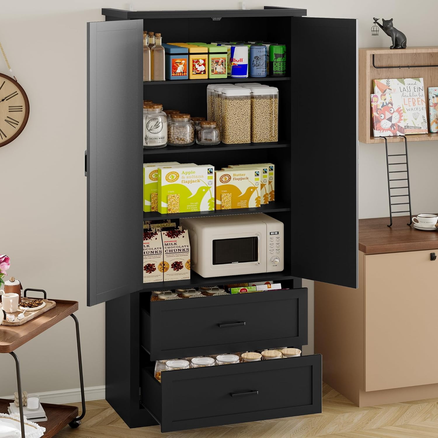 FANRAL 71” Tall Pantry Organizers and Storage Cabinet with Barn Doors & Drawers,Adjustable Shelf for Kitchen Dining Room Living Room Bathroom Office,Black Pantry Cabinet