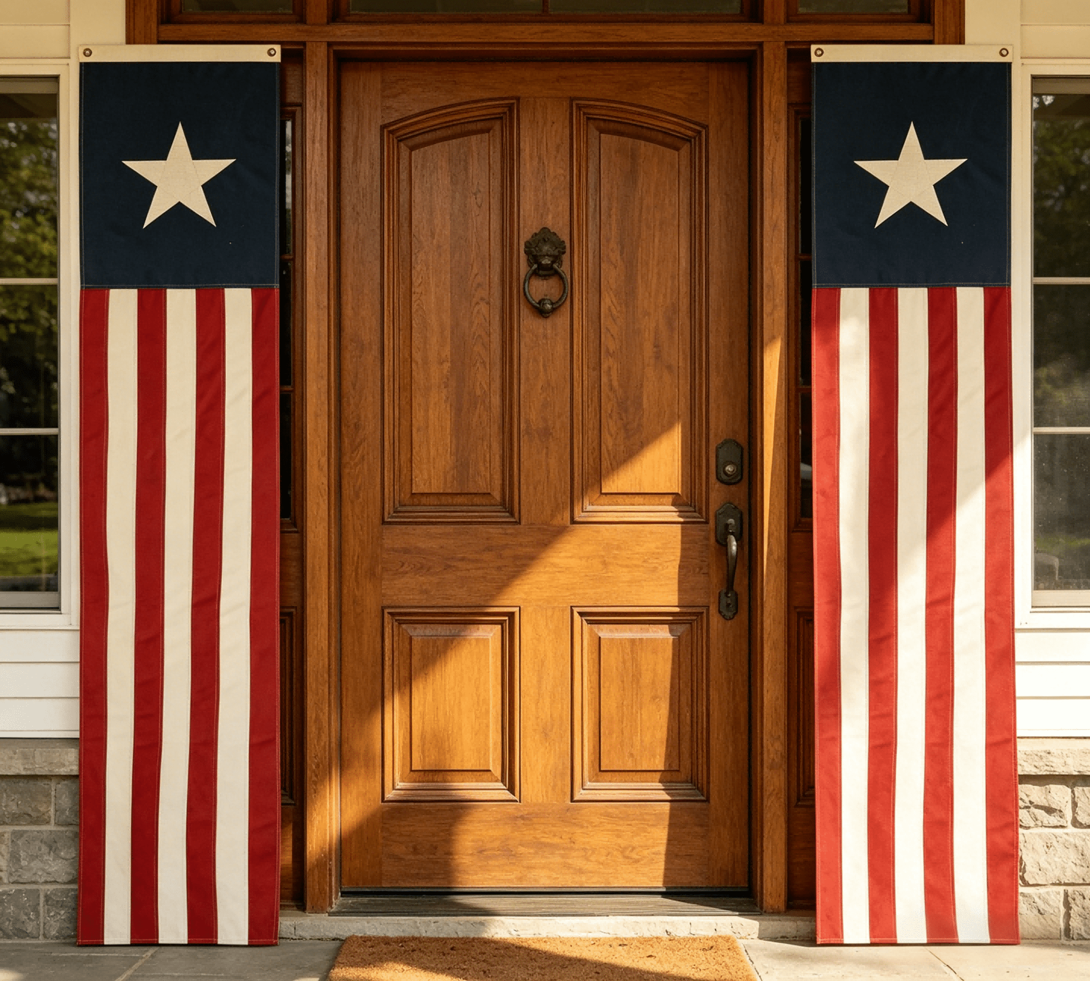 Heritage American Flag Set of 3- 250th Anniversary Commemorative Decor - Vintage Tea-Stained Pleated Fan Bunting & Vertical Star Pull Flag - Heavy Duty Canvas Patriotic Banner for Porch & Railing