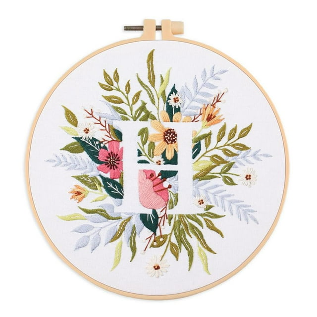 EastVita Embroidery Starter Kit for Beginners, Stamped Cross Stitch Kit with Floral Letter Pattern, DIY Embroidery Kit with Embroidery Cloth Hoops Instructions Needles Threads