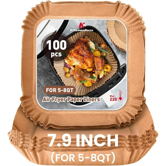 Air Fryer Paper Liners Disposable: KitchenBoss 100Pcs Parchment Baking Paper for 8Inch/20cm 5-8QT Square Air Fryer, Food Grade Non-Stick Liners Accessories for Microwave Roasting