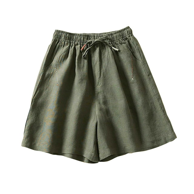 Timegard Womens Shorts Cotton Linen Elastic Waist Wide Leg Loose Casual Solid Color Shorts with Pockets