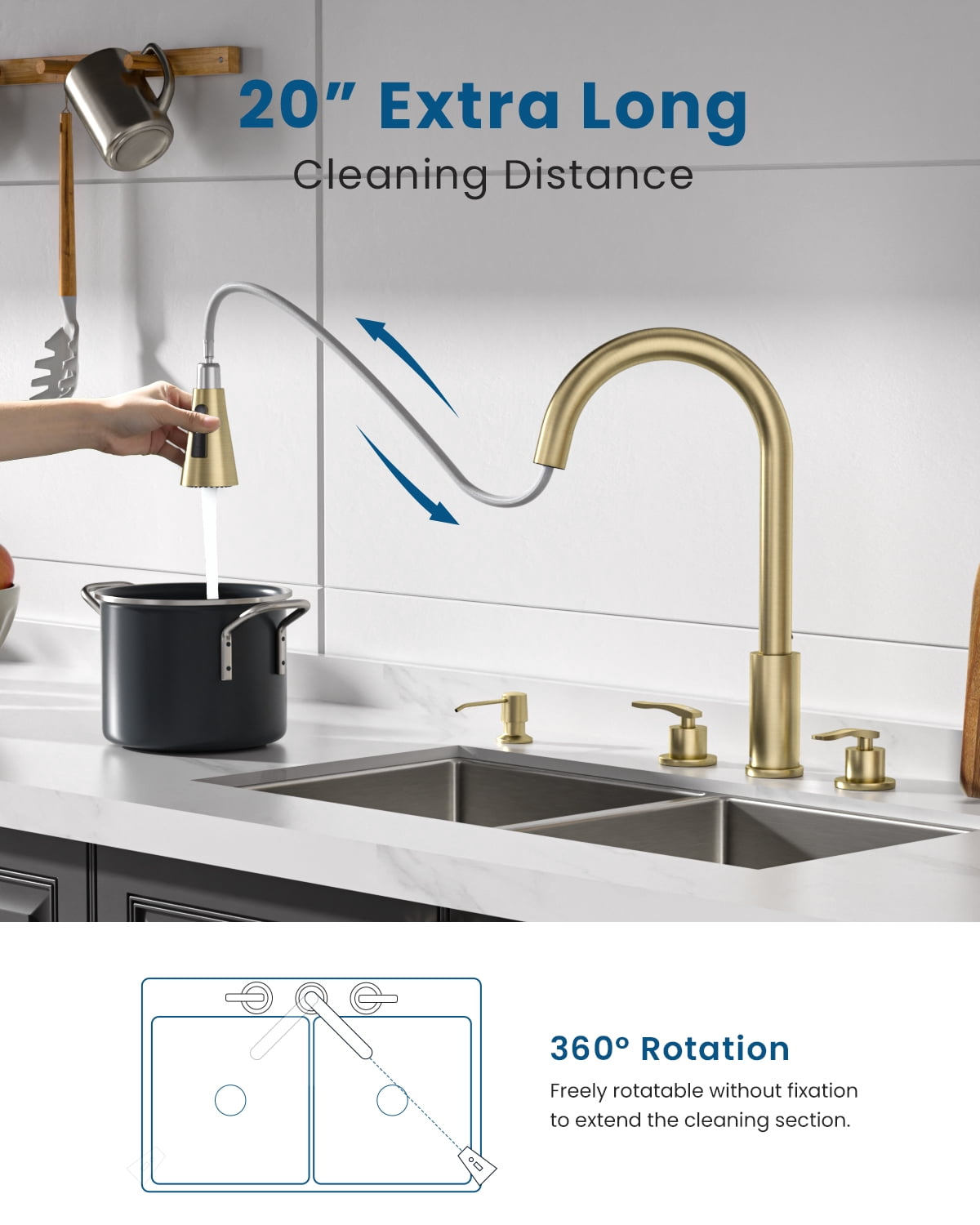 DAYONE Brushed Gold 3 Hole Kitchen Faucet with Separate Handle and Pull Down Sprayer, 2 Handle Sink Faucets for Kitchen/RV with Soap Dispenser Stainless Steel
