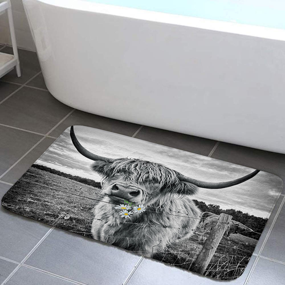 Cow Bath Mats Rugs for Bathroom, Longhorn Highland Cow Flannel Bathroom