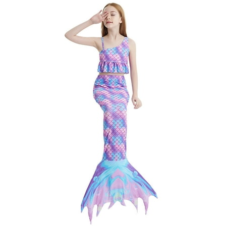 Toimothcn Girl s Swimsuit Sleeveless Casual Colorful Fish Scale Printed 3 Piece Tail Bikini Set Quickly Dry Cover Up Swimwear 9-10 Years