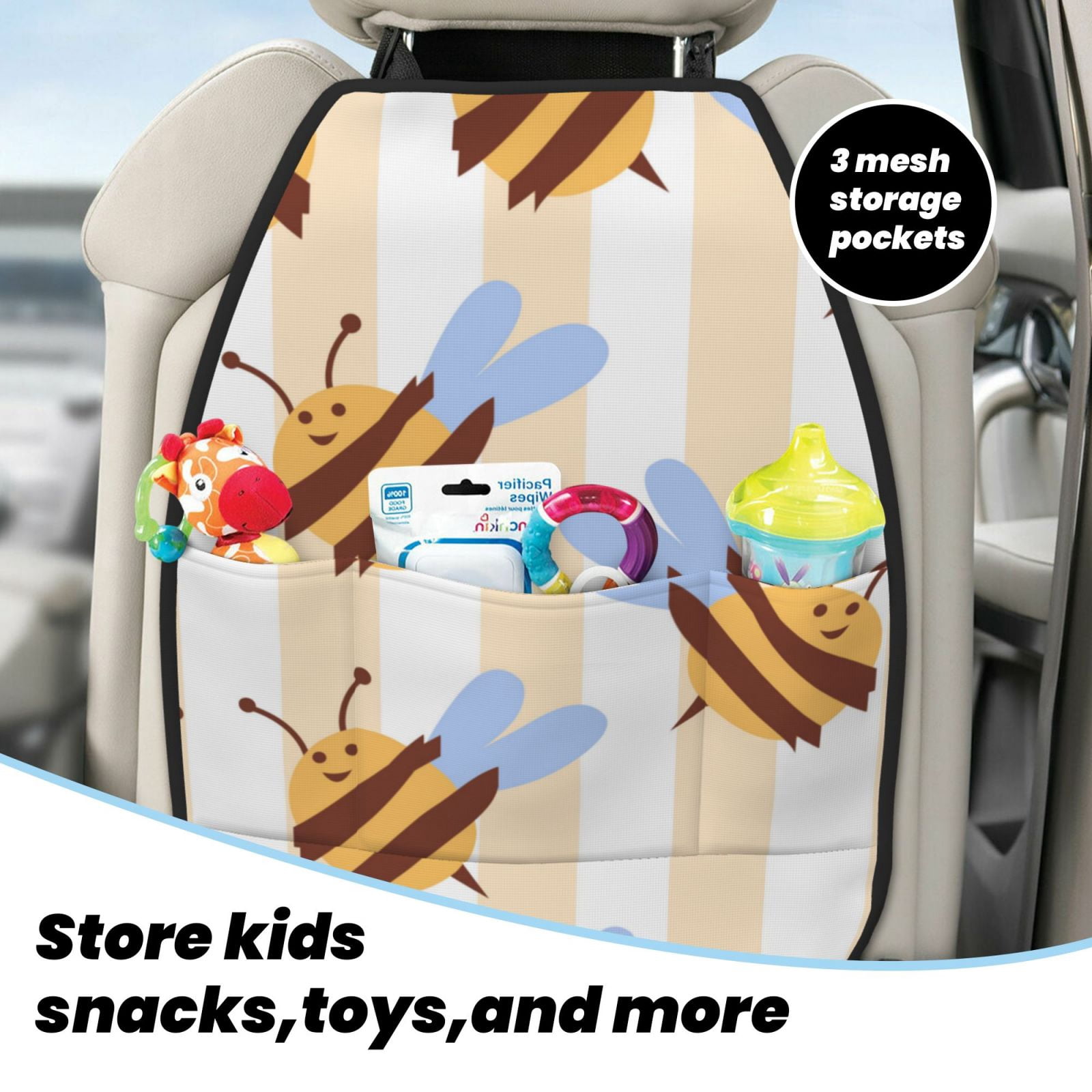 Xecao A Bee Pattern Car Seat Back Protector 2 Pack Large Capacity Pocket, Kick Mats Back Seat Protector