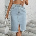 thumbnail image 2 of Women's Front Slit Blue Denim Skirt Pockets High Waist Slim Zipper Fly Midi Skirts Spring Female Casual Streetwear, 2 of 8