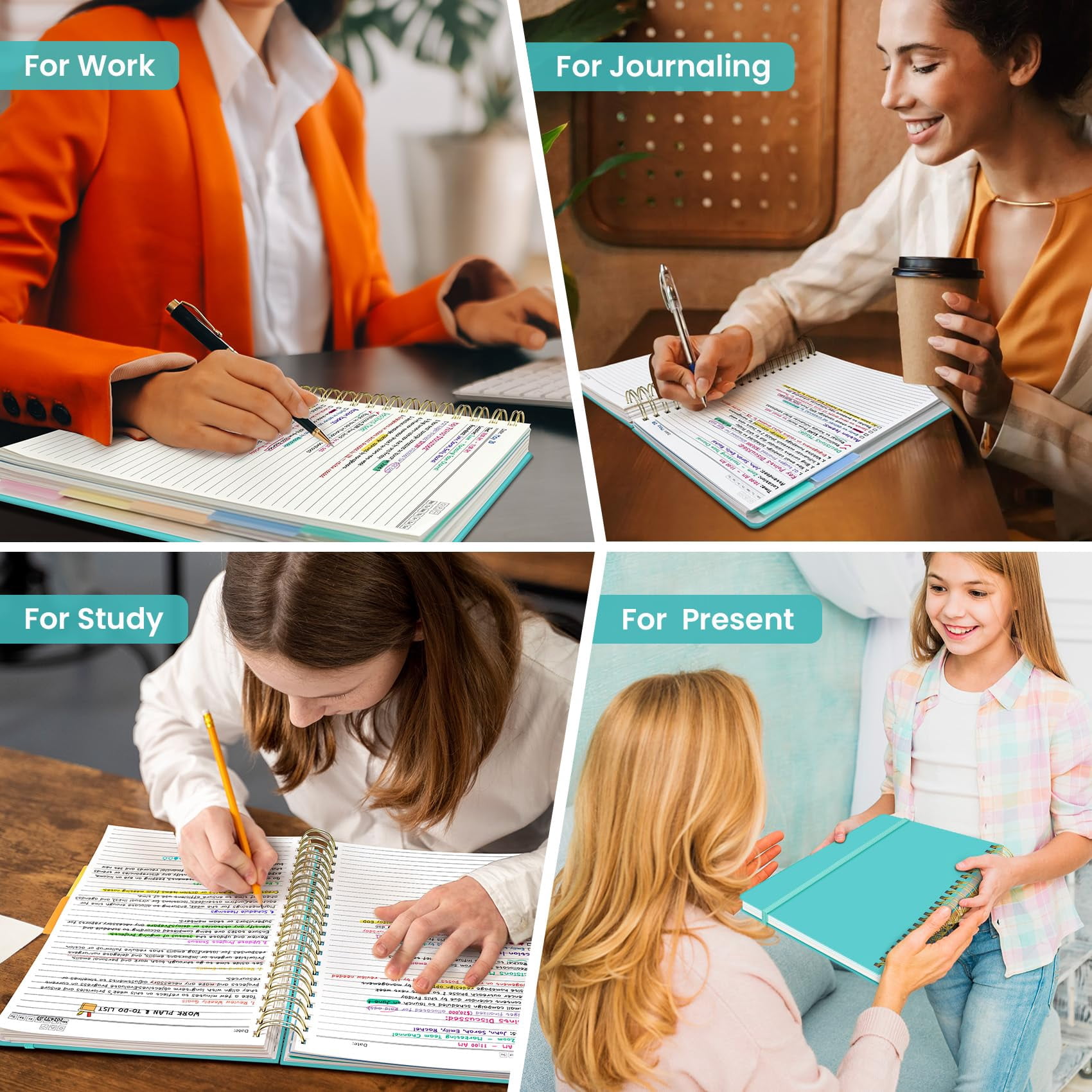 Hardcover Spiral Journal Notebooks For Work With Removable Dividers & Tabs  8.5"x11" 5 Subject Notebook Note Taking Organizer A4 College Ruled Lined Women Writing Aquamarine 280 Pages