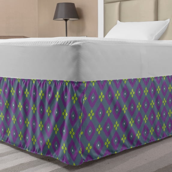 Abstract Bed Skirt, Geometric Shapes Rhombus Diagonally Arranged Traditional Pattern, Elastic Bedskirt Dust Ruffle Wrap Around for Bedding Decor, 4 Sizes, Violet and Yellow Green, by Ambesonne