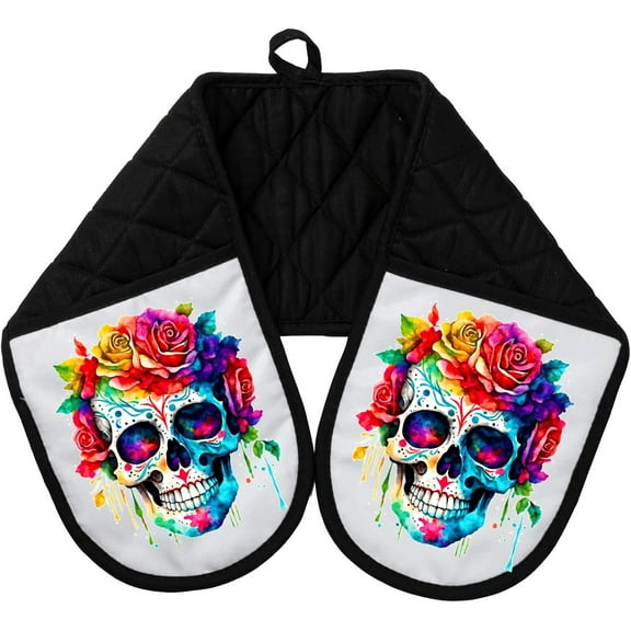 Sugar Skull Day of the Dead Cotton 33 Inch Pocket Long Oven Mitts Bake Cook Grill dz011LM