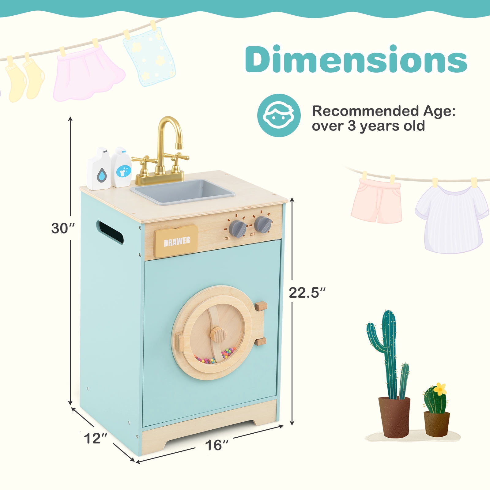 Gymax Kids Washer Playset w/ Laundry Detergent & Hand Sanitizer Rotating Wheel
