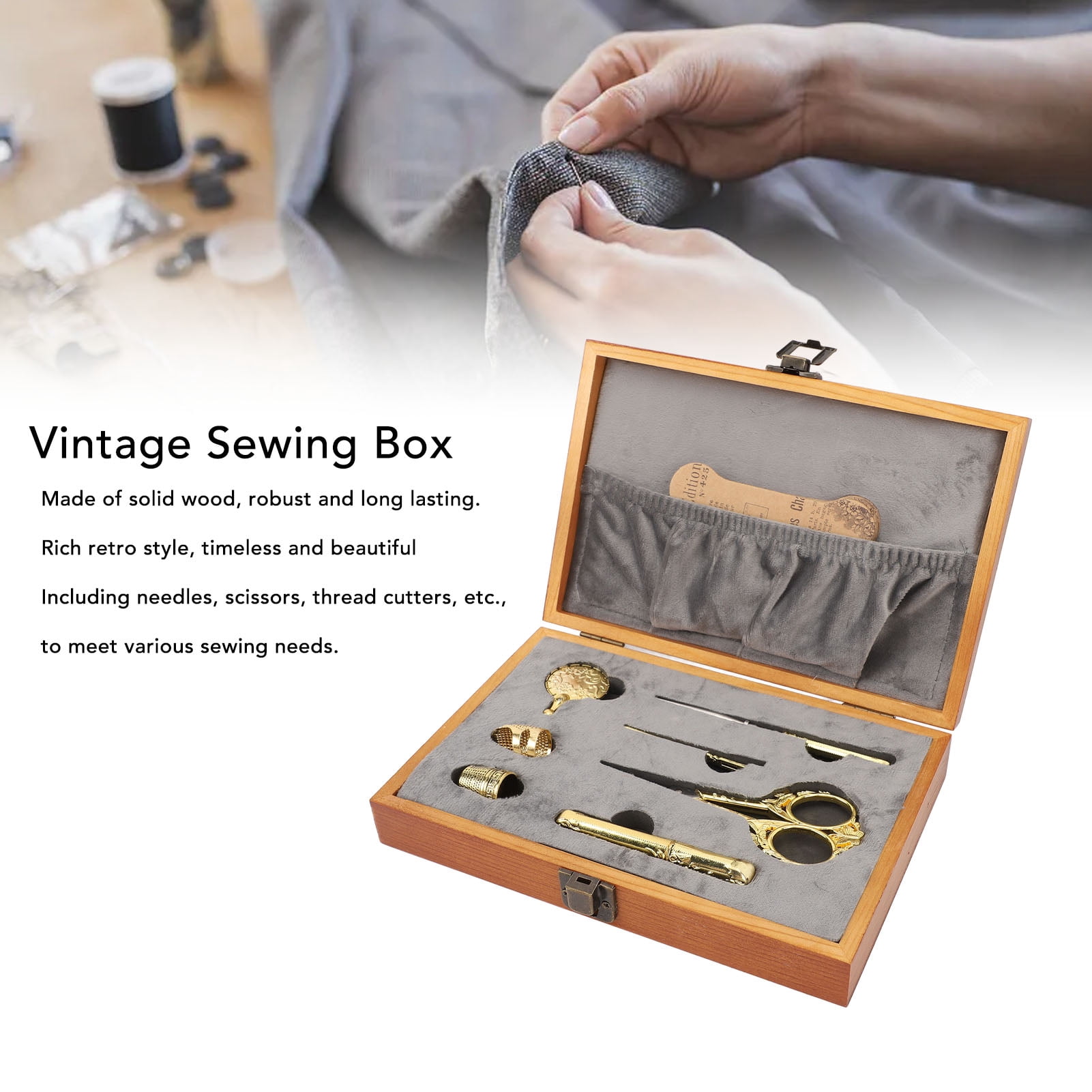 Nieyigj 30Pcs Vintage Sewing Box Wooden Multifunctional Sewing Kit Set with Shear Thread Cutter Thimble and Copper Needle Tube for Home Travel DIY Crafting - 9.45x7.09x1.97 inches / 24x18x5 cm