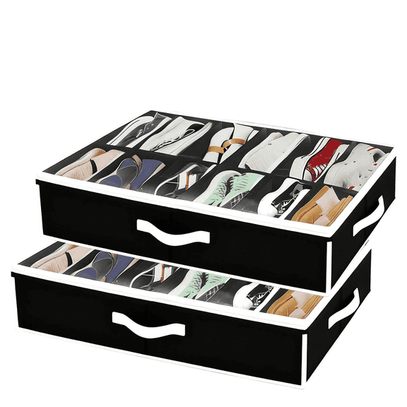 Under-bed shoe storage box, 4.3-inch-tall fabric shoe box with a clear lid, foldable storage bag with a handle, holds 12 to 24 pairs of shoes