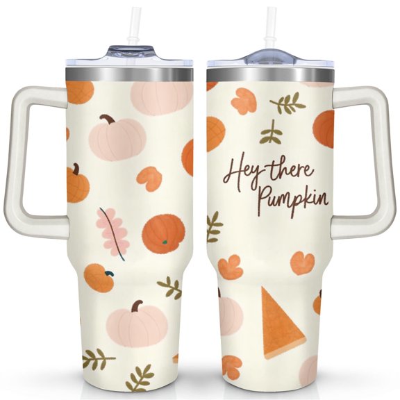 Pumpkin Leaves in Autumn 40 Oz Tumbler with Handle Lid and Straw, Stainless Steel Double Walled Vacuum Insulated Cup, Cute Birthday Gifts Tumbler for Women Men Friends