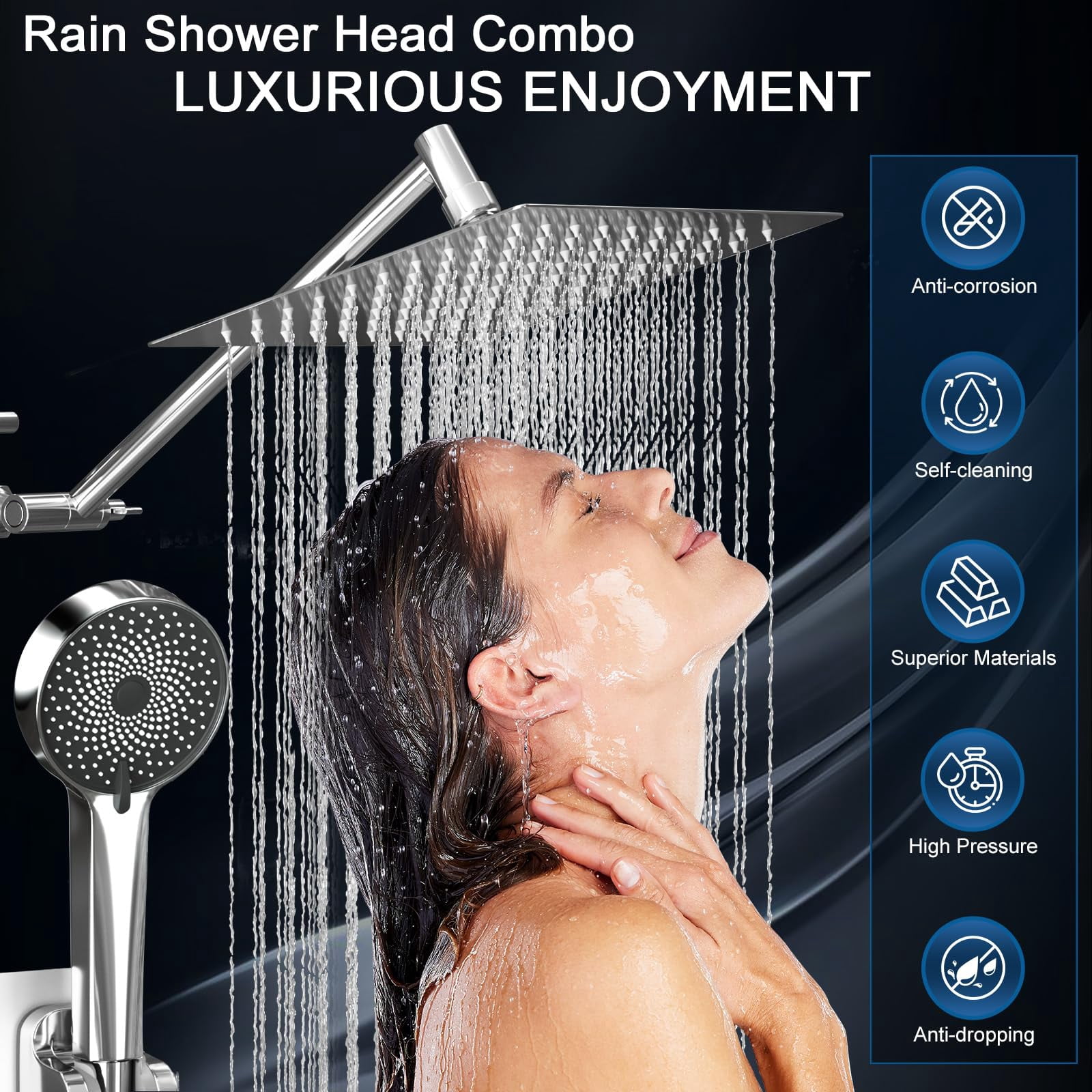 Shower Head  Rain With Handheld Spray Combo 10 Inch Adjustable High Rainfall Dual Showerhead Set Extension Arm And 60 Long Hose (silver)