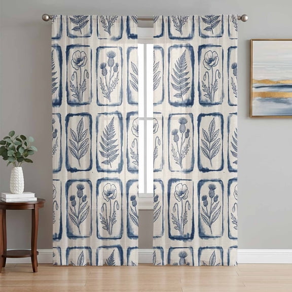 Sheer Curtains 108 Inches Long 2 Panels Set for Living Room, Vintage Floral Semi Sheer Curtains for Windows, Country Tie-dye Flowers Plants Blue Beige Voile Window Treatments Rod Pocket Curtain