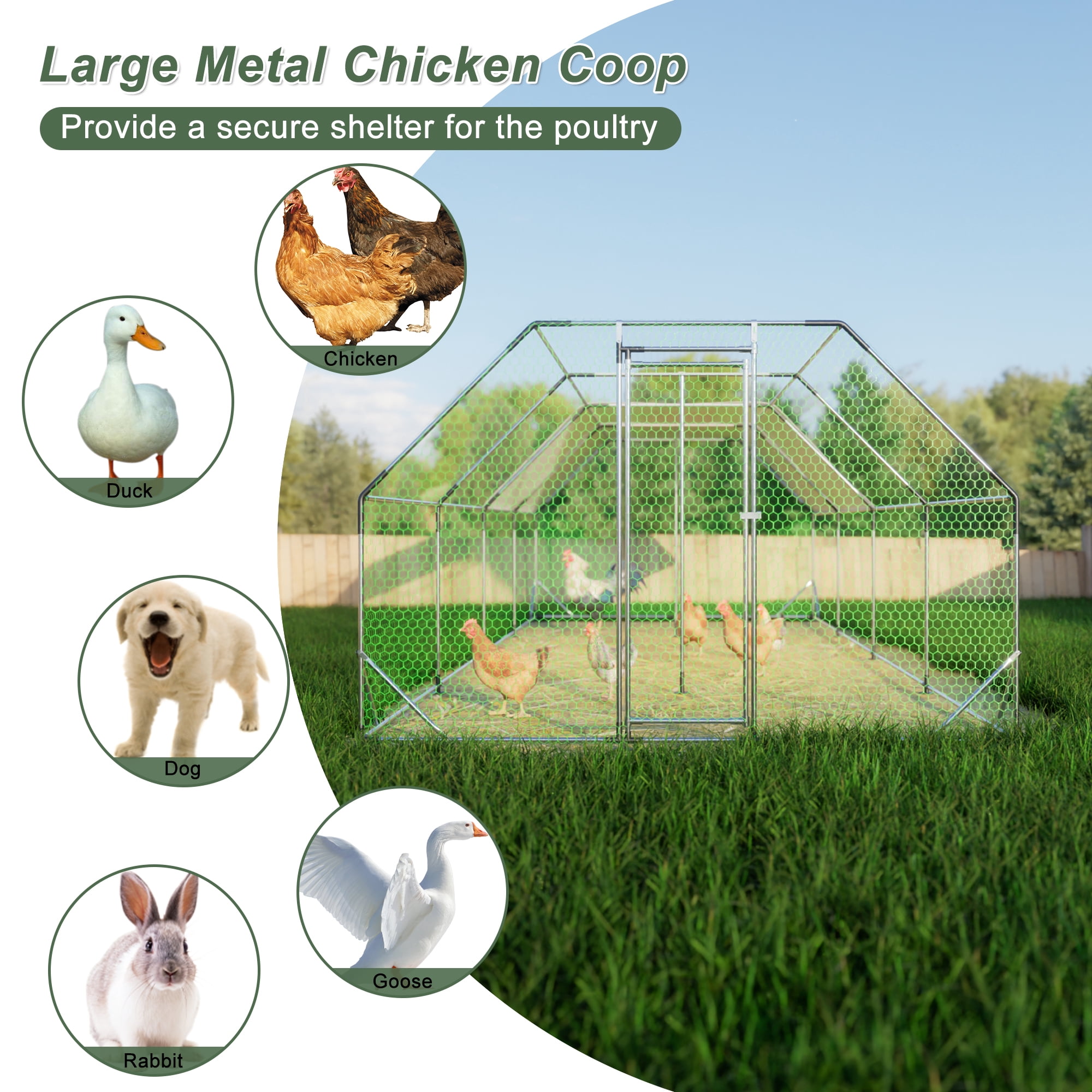 Pefilos 308" Outdoor Large Chicken Coop with Waterproof, Metal Rabbit Hutch, Walk-in Poultry Cage Run Flat Shaped Small Animal Pet Cage, Silver