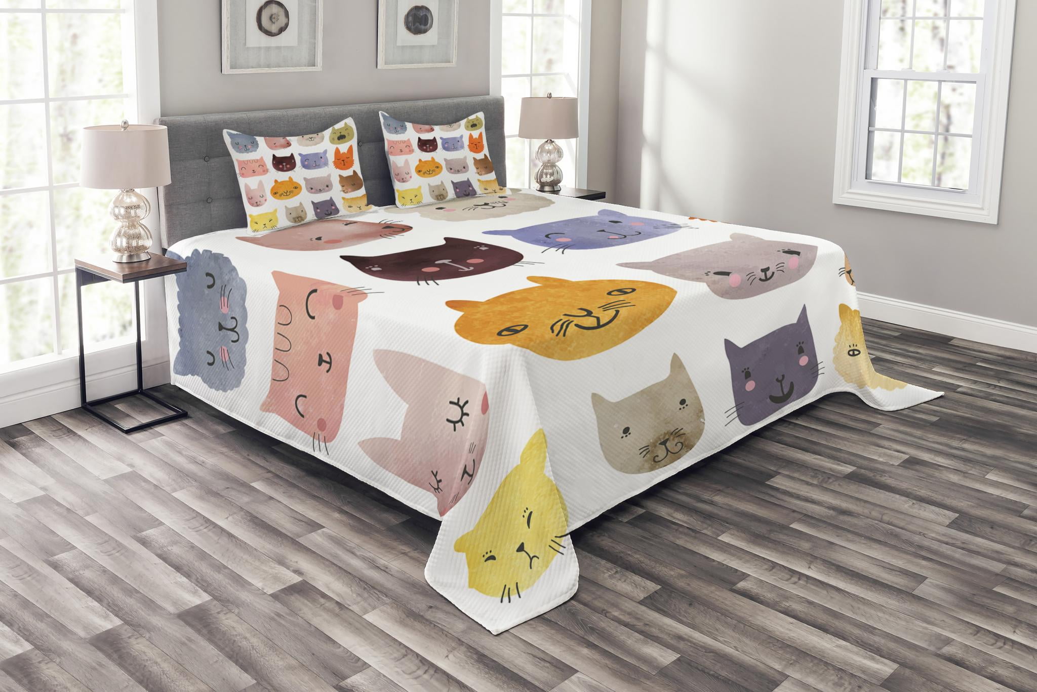 Cat Bedspread Set, Cute Watercolor Effect Cat Heads in Colorful Humor