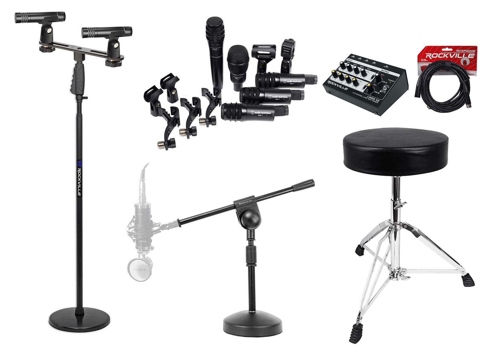 Audio Technica Pro Drum Microphone Kit 7 Mics+3 Stands+8-Channel Mixer+Cables 