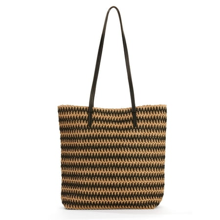 Time & Tru Black Natural Stripe Packable Straw Tote