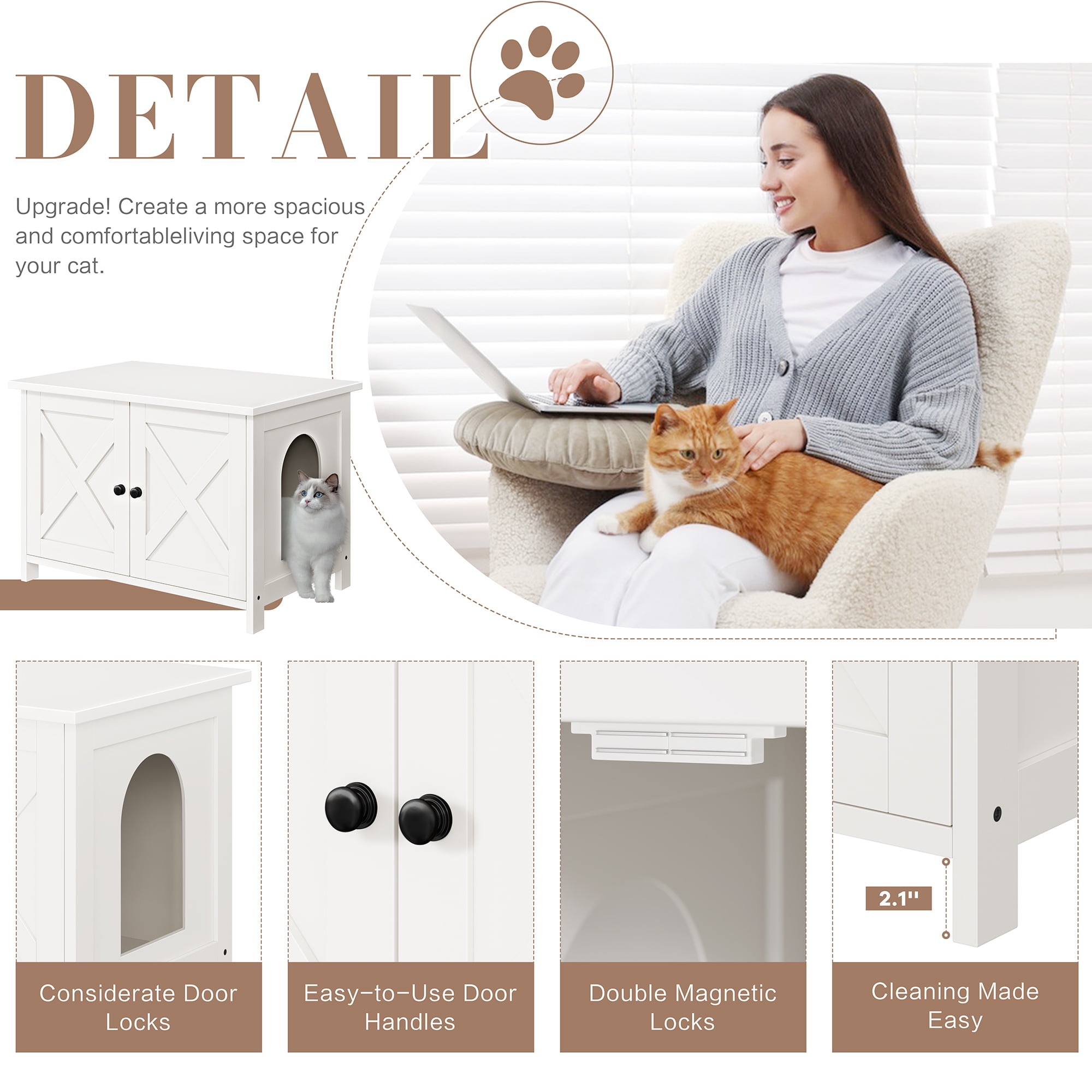 Walsunny Hidden Cat Litter Box Cat Washroom with Double Removable doors and Divider Indoor for Living Room White