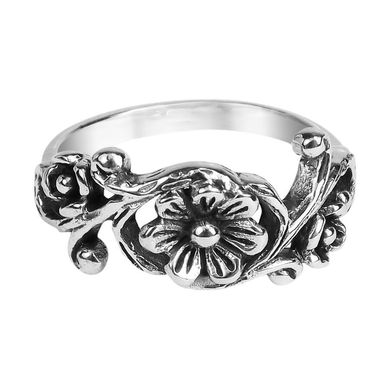 Flower With Leaf Ring Floral Silver Rings for Women Nature 