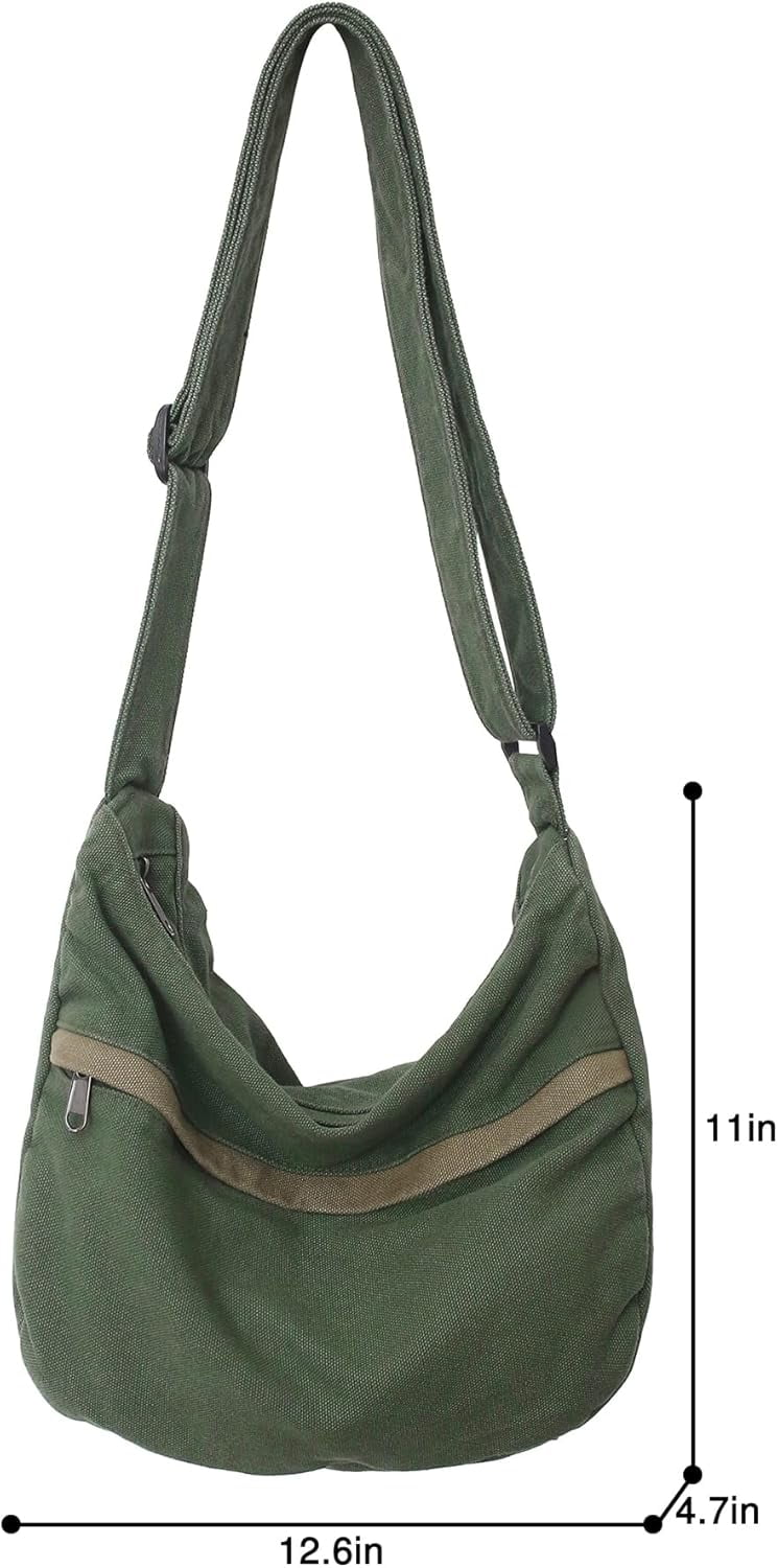 Canvas Messenger Bag Large Hobo Crossbody Bag with Zipper Casual Shoulder Tote Handbag for Women and Men