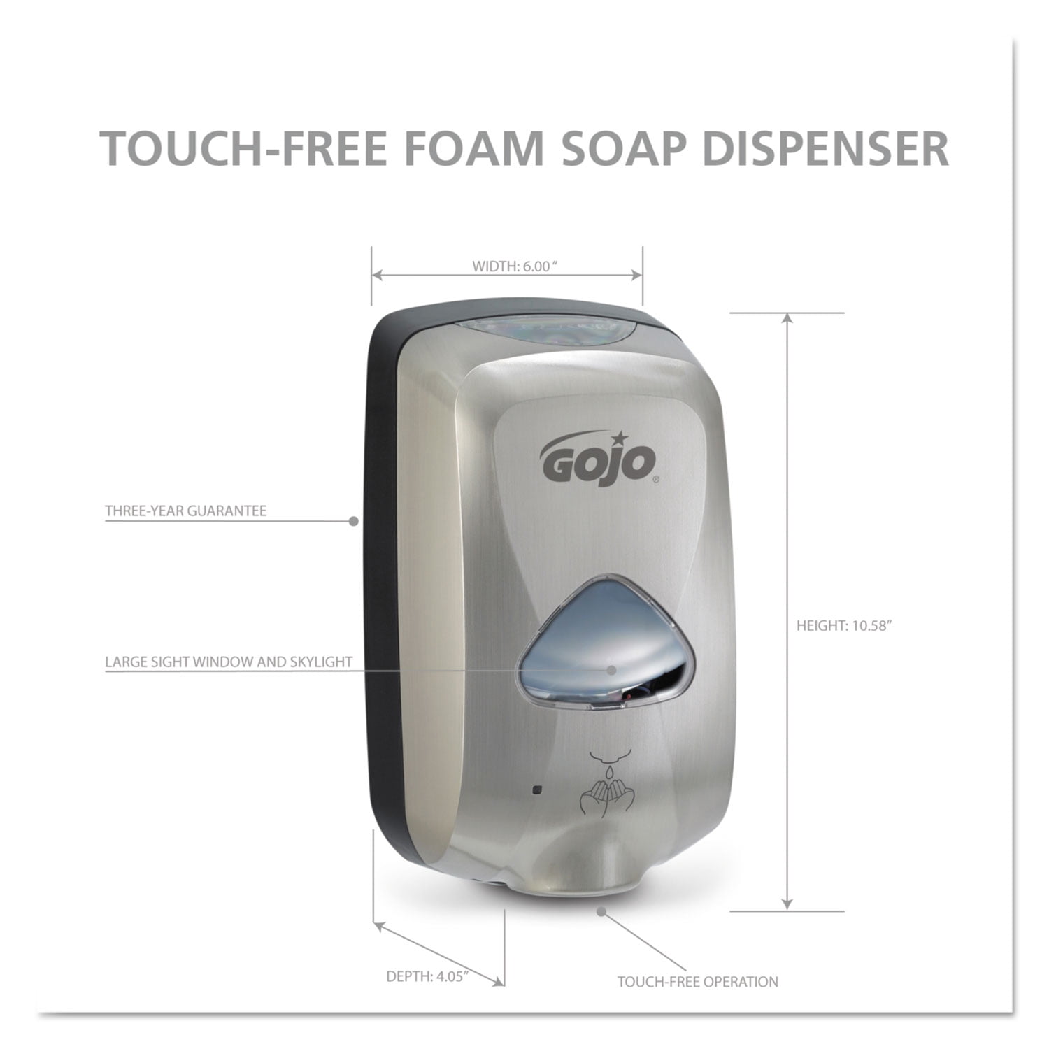 GOJO TFX Touch-Free Automatic Foam Soap Dispenser, 1,200 mL, 6.4 x 4.3 x 10.5, Nickel -GOJ278912