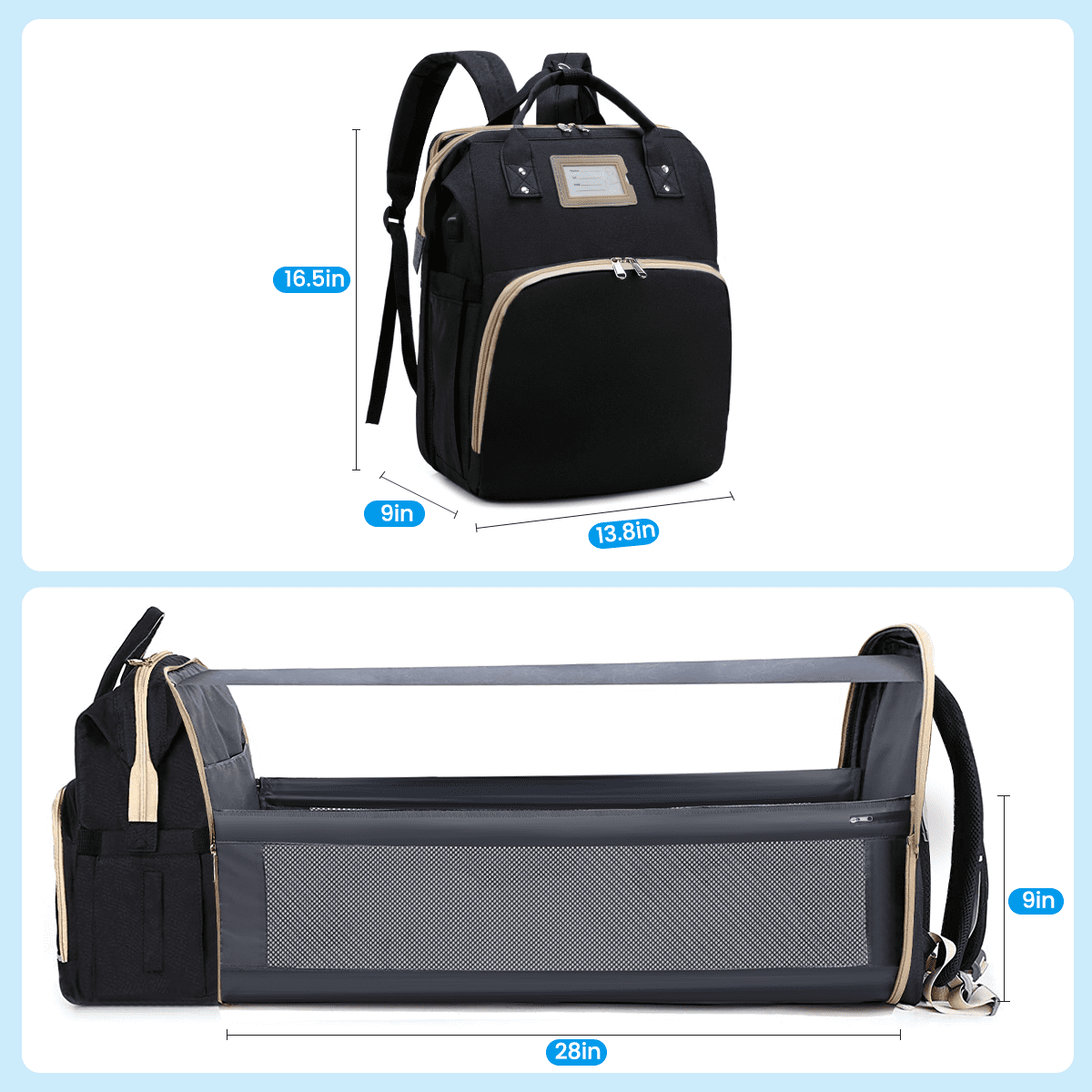 Diaper Bag Backpack, Multifunctional Baby Changing Bag with Foldable Crib & Insulated Milk Bottle Pocket, Large Capacity Travel Backpack with USB Charging Port & Stroller Strap (Black)