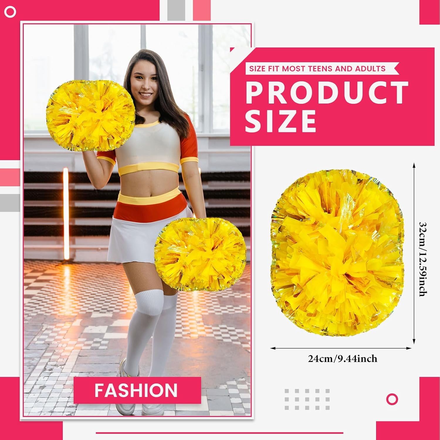 Cheerleader Pom Poms 12 Pack Sports Dance Cheering Plastic Metallic Cheerleading Pom Poms for Kids Adults