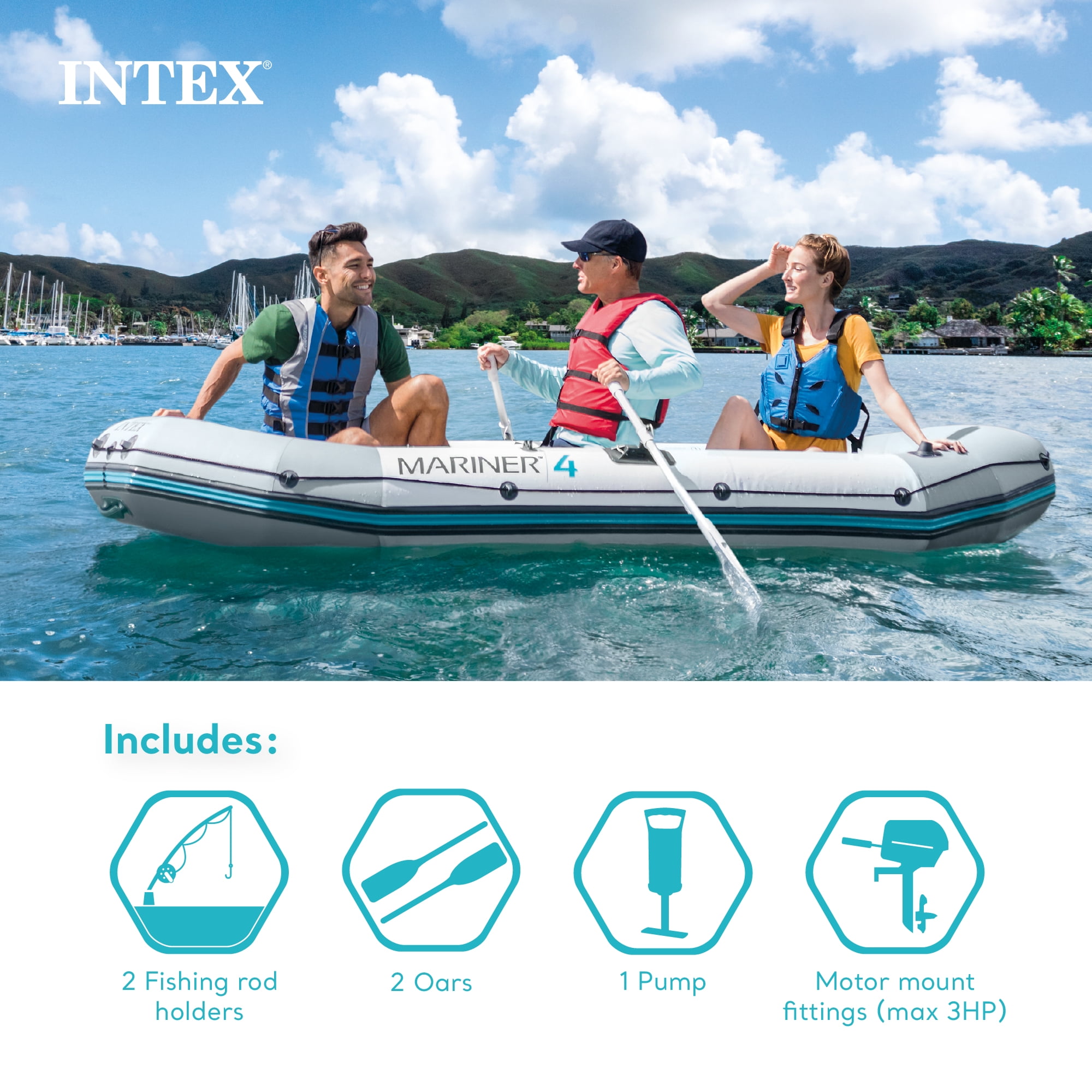 Intex Mariner 4 Person Inflatable Lake Dinghy Boat with Pump and Oars Set