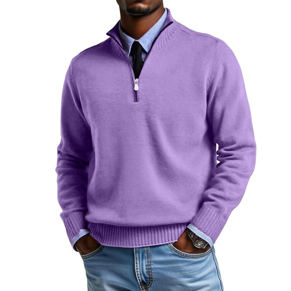 ASDFVBKG Quarter Zip Collared Sweaters for Men Long Sleeve Collared Lightweight Knitted Pullover Casual Men Loose Fit Dressy Soft Fall Winter Solid Tops Purple M