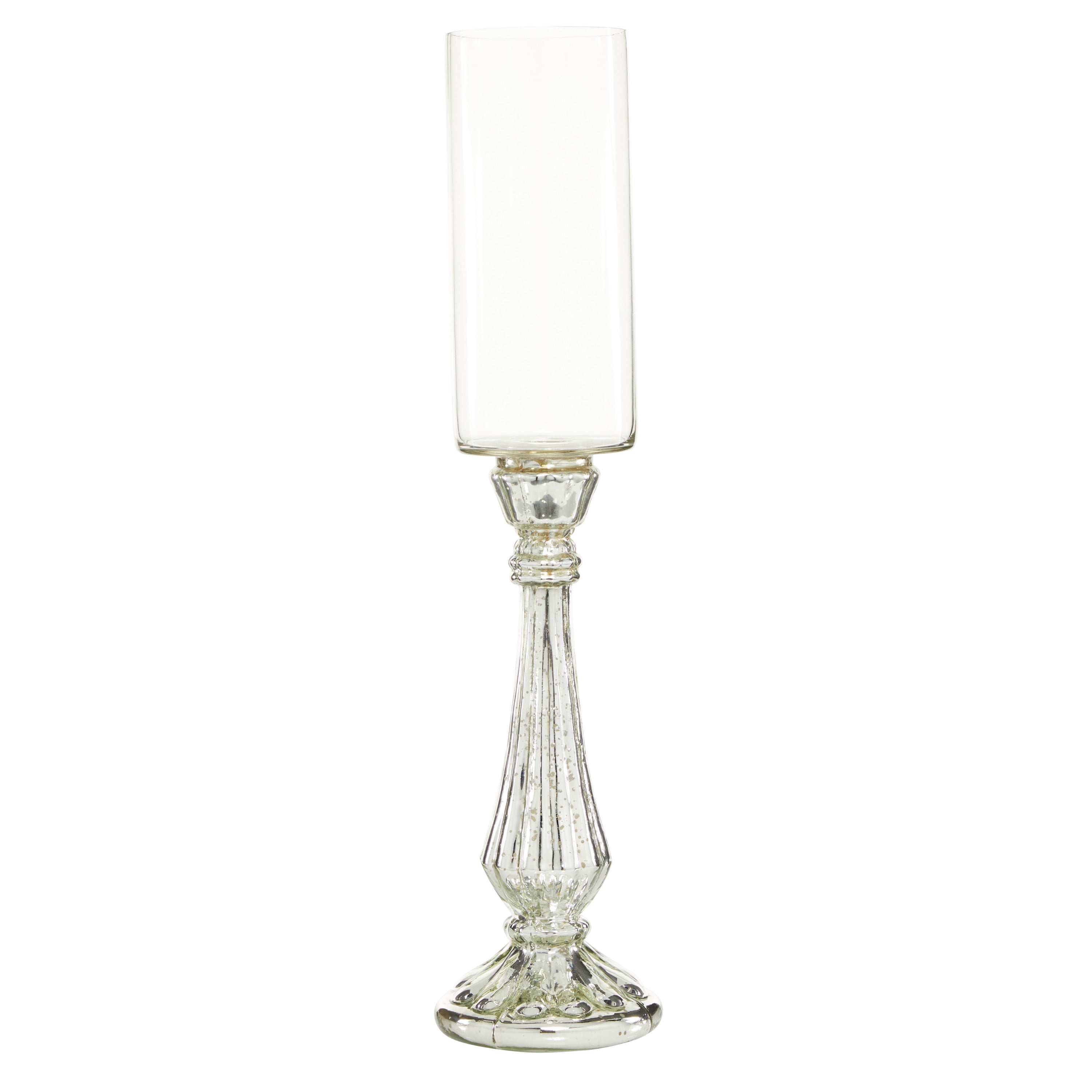 DecMode Silver Glass Handmade Turned Style Pillar Hurricane Lamp with Faux Mercury Glass Finish