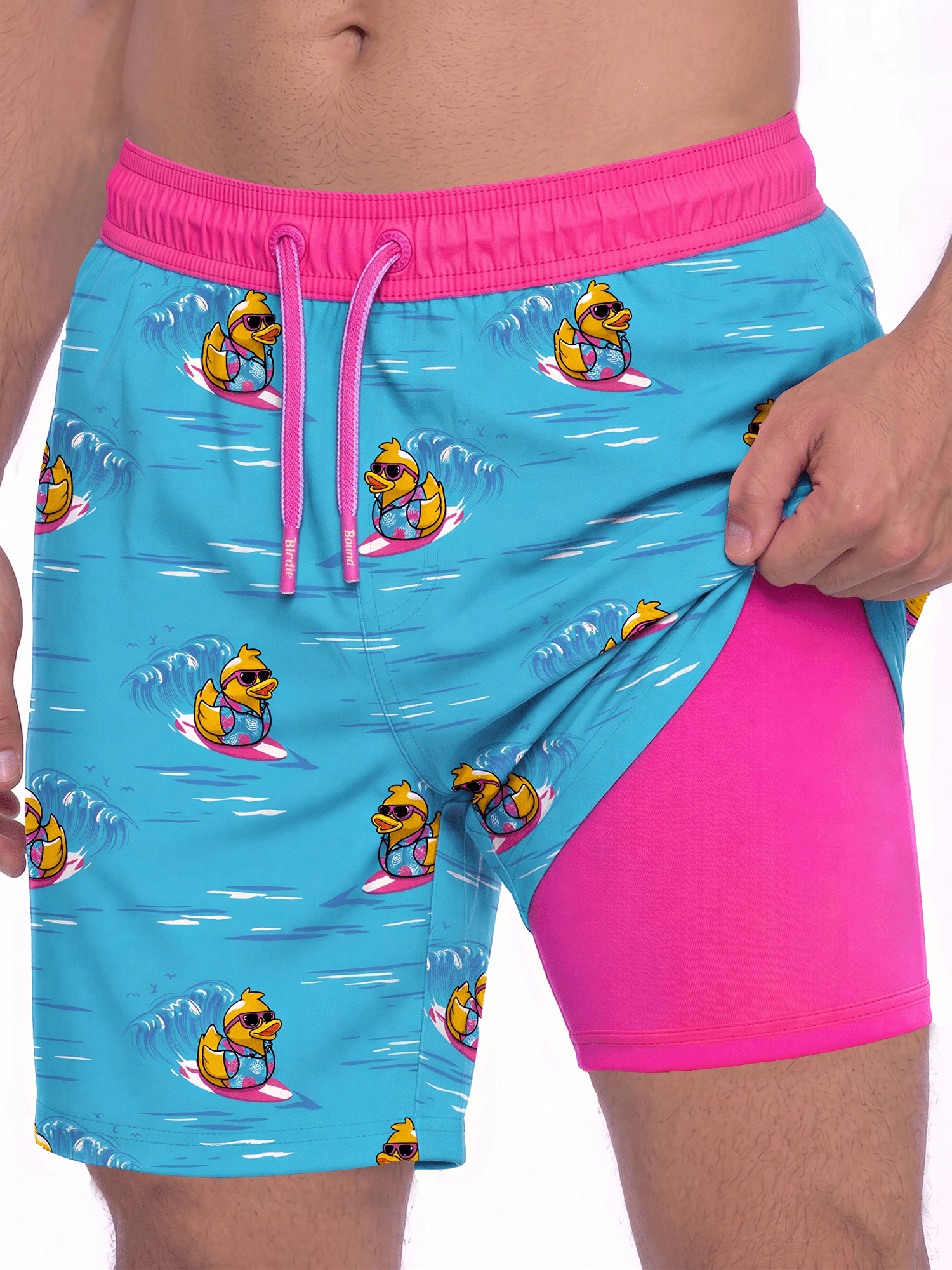 Birdie Bound Men's Printed Surfing Ducks Swim Trunks, Sizes S-3XL