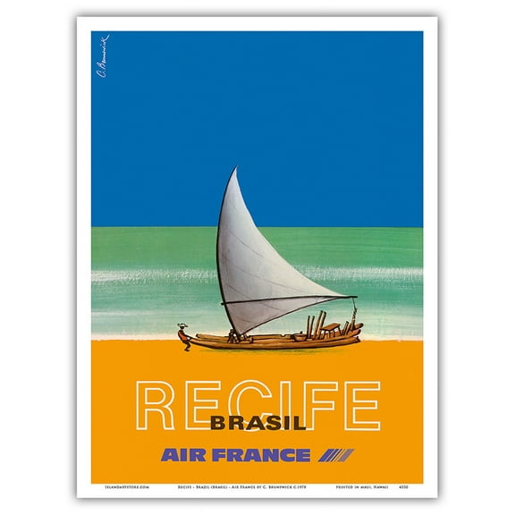Recife - Brazil (Brasil) - France - Vintage Airline Travel Poster by C. Brunswick c.1978 - Master Art Print (Unframed) 9in x 12in