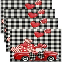 Love Themed Placemats Set of 4 12"x18" Kids Heart and Car Pattern Placemats for Dining Table Kitchen Valentine''s Day Plaid Table Mats Placemat Romantic Red Decor Table Place Mats