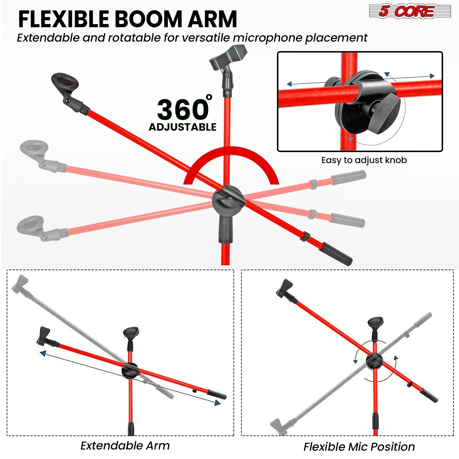 Tripod Mic Stand Floor Adjustable 31 to 76 Inches Boom Arm Holder Microphone Stands 360 Degree Rotating + Dual Mic,RED