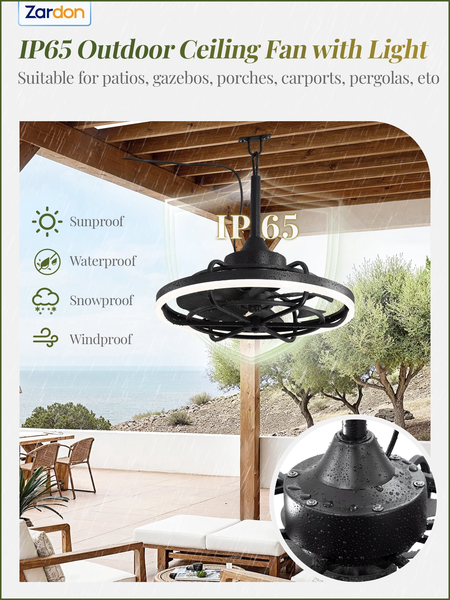 Zardon 20" Modern Outdoor Ceiling Fan with Light - Remote & App Control, 6 Speeds, 3 Color Temperatures for Patio, Entryway, Outdoor, Black