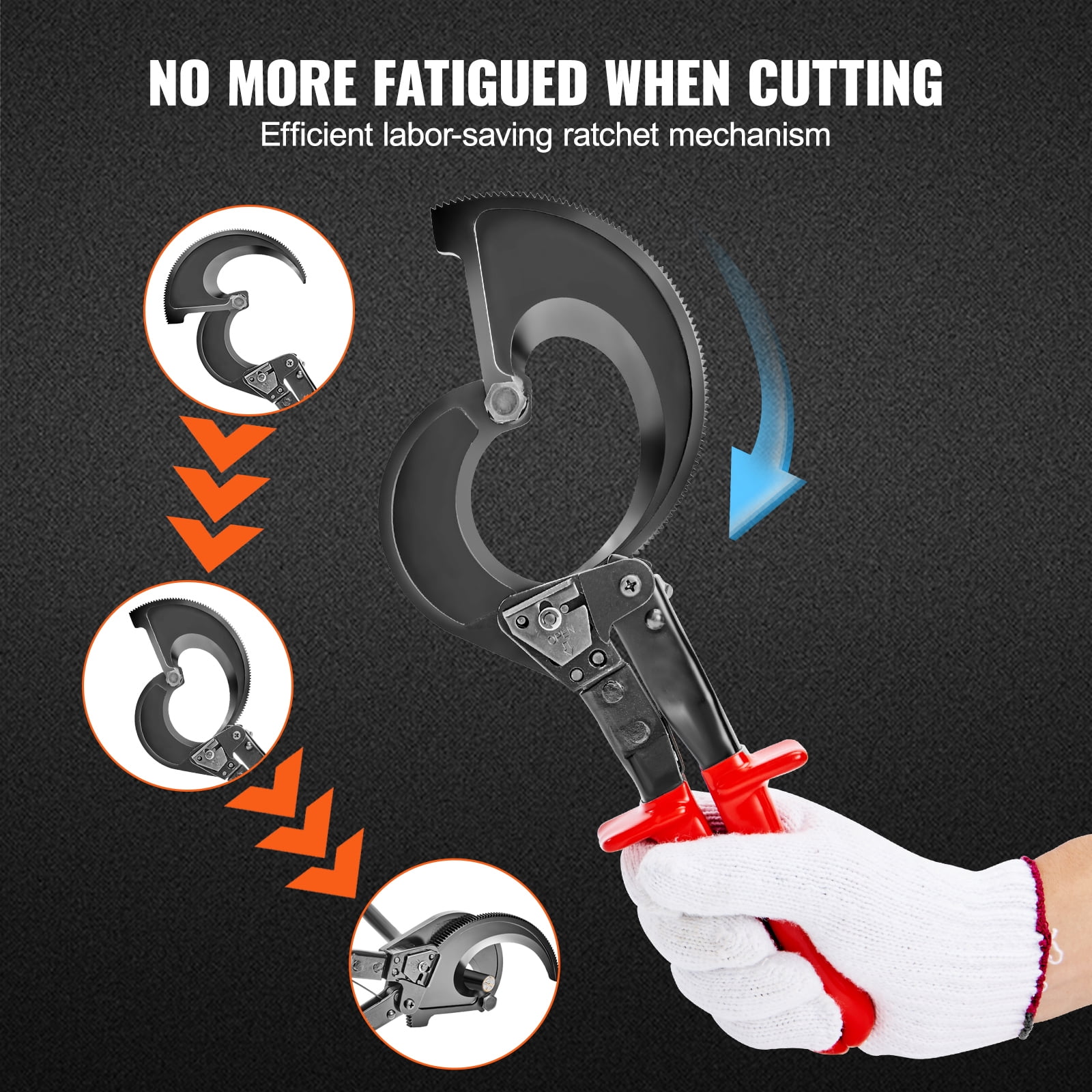 KFFKFF Ratcheting Cable Cutter, 11" Ratchet Wire and Cable Cutter, Cut up to 400 mm², with Comfortable Grip Handles, Easy to Use Quick-Release Lever, Silicon-Manganese Spring Steel Blade