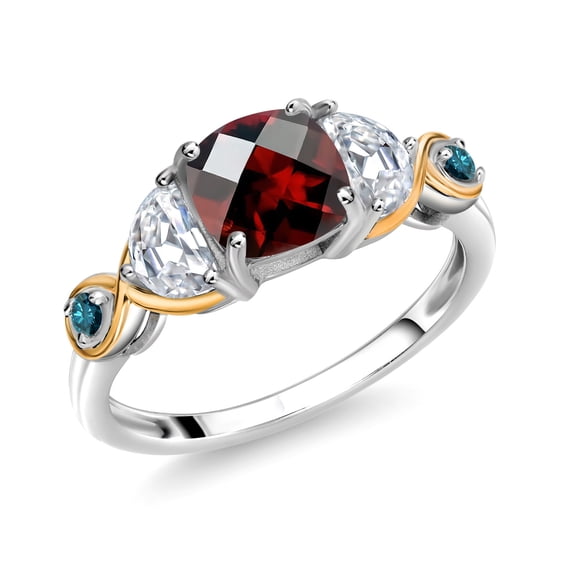 Gem Stone King 925 Silver and 10K Yellow Gold 3-Stone Ring Cushion Garnet Half Moon Moissanite and Blue Diamond (1.62 Carat Cttw) (Size 8)